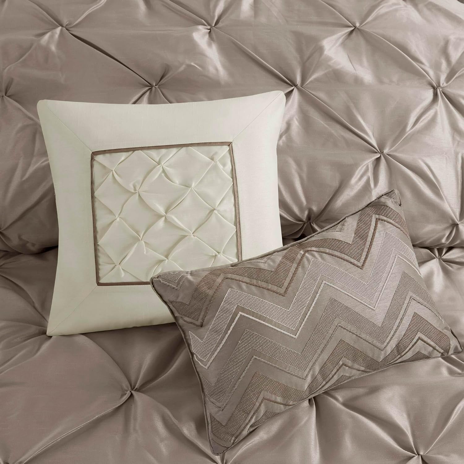 Madison Park Laurel Cozy Comforter Set - Traditional Tufted Faux Silk Design, All Season Down Alternative Bedding with Matching Shams, Decorative Pillow, Taupe Cal King(104'x92') 7 Piece