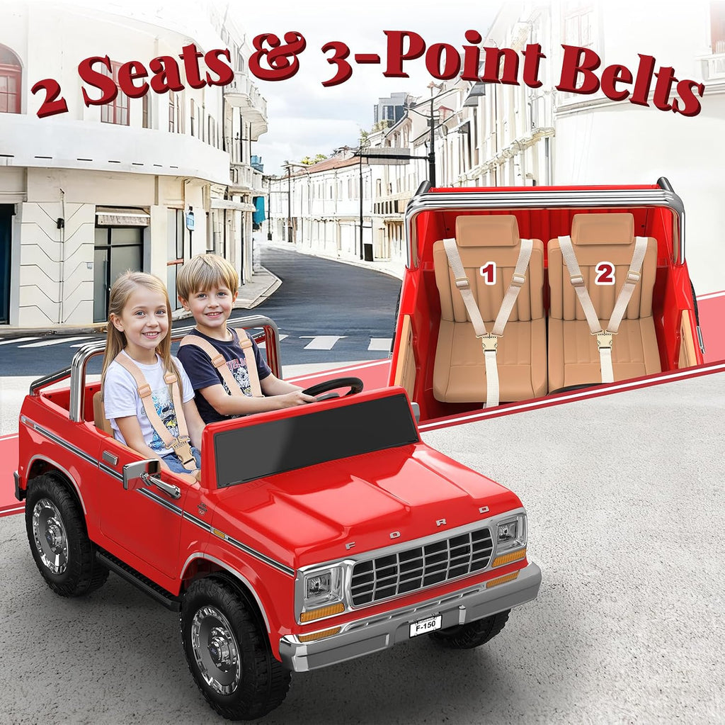 ANPABO Licensed Ford F-150 24V 2 Seater Ride on Car for Kids, 4x100W Motors for All-Terrain Electric Car w/Parental Remote, Retro Style, 3-Speeds, Large Storage Box, Music Player (Red-Orange)