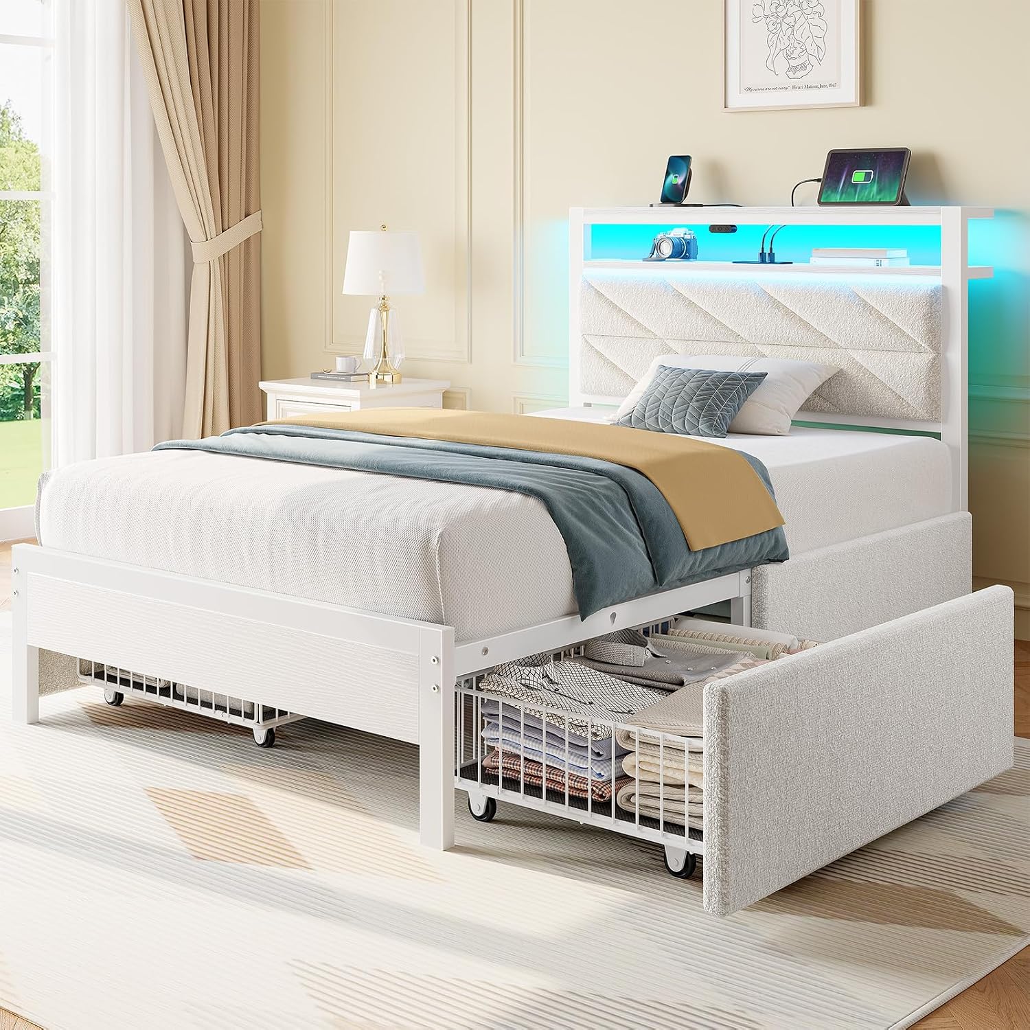 Seventable Twin Bed Frame with 4 Storage Drawers, Charging Station & LED Lights, Upholstered Headboard with 2-Tier Shelves, Metal Platform Bed, No Box Spring Needed, Noise-Free, White