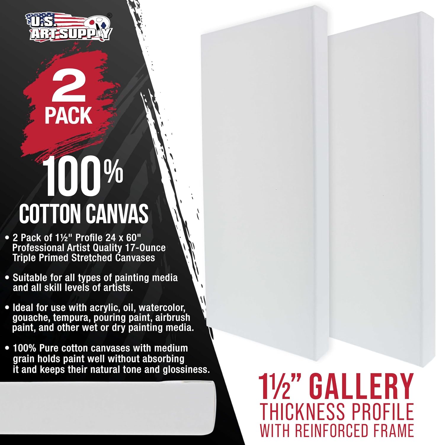 U.S. Art Supply X-Large Stretched Canvas for Painting 24x60 inch Gallery Depth 1-1/2' Thick, 2-Pack - 12oz Acrylic Gesso Triple Primed, Professional Artist Quality, 100% Cotton - Oil, Pouring Paint
