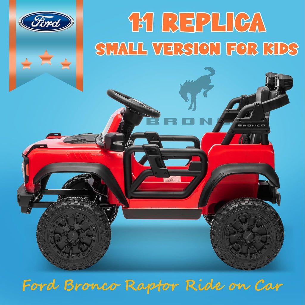 ENYOPRO 12V Kids Ride on Car Licensed Ford Bronco Raptor, Toddler Electric Car with Remote Control, Battery Powered Ride on Toy Truck w/LED Lights, Music Player, Horn, Seat Belt, Soft Start (Red)