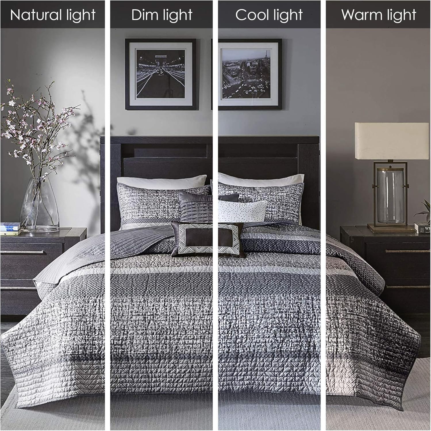 Madison Park King Quilt Set Lustrous Jacquard & Glitter Accent Coverlet Set - All Season, Lightweight Quilt Set, Shams, Decorative Pillow, King/Cal King Chevron Grey/Taupe