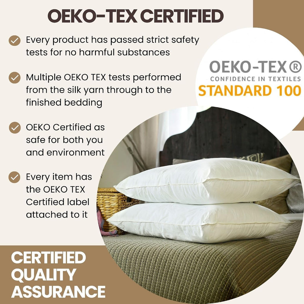 Silk Bedding Direct. Pair of Luxury Mulberry Silk-Filled Pillows. Standard Size, 26' x 20'. A Hypoallergenic Haven, Resting Your Dreams on Pure and Natural Mulberry Silk.