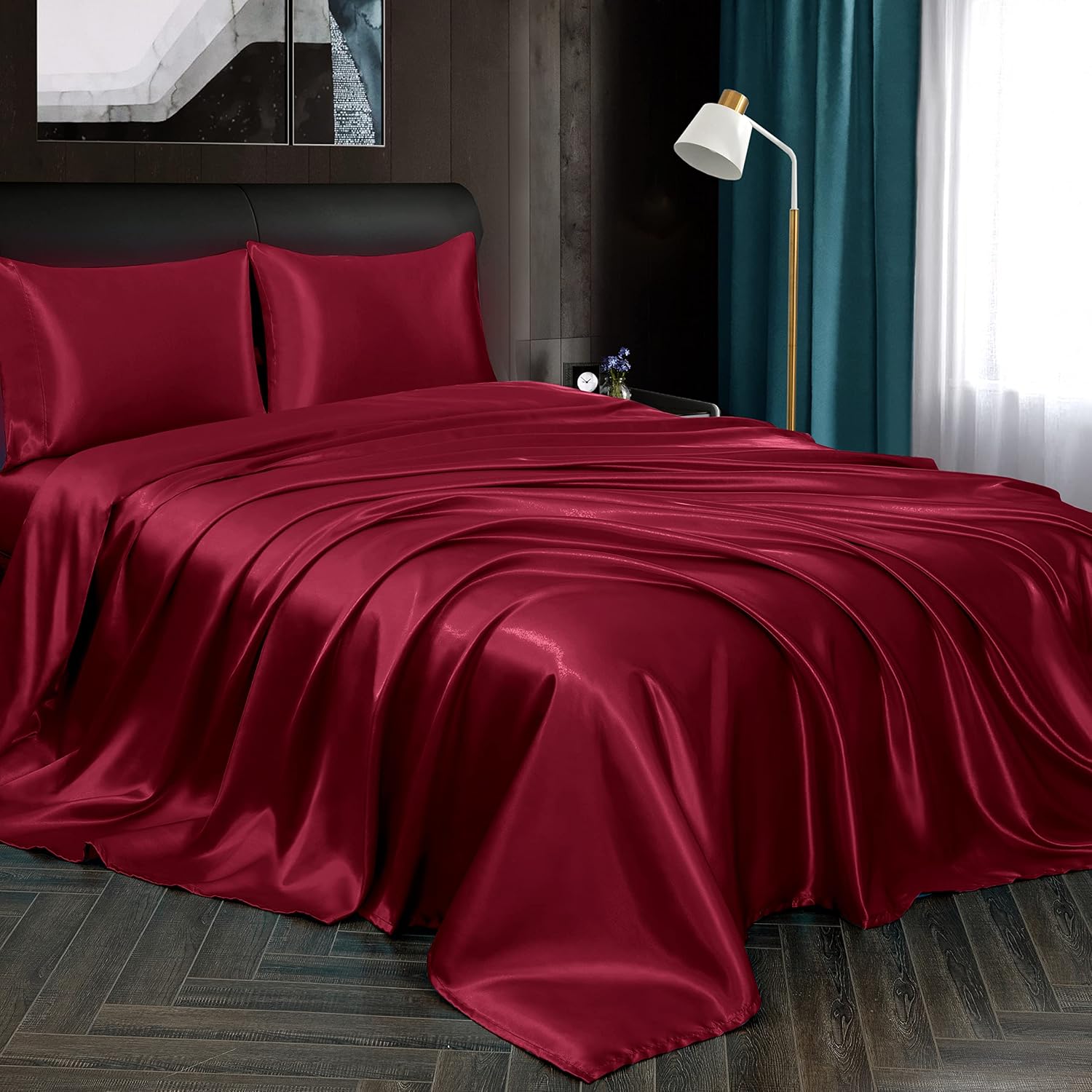 22 Momme 100% Mulberry Silk Bedding Set - 4-Piece Luxury Queen Size (2 Pillowcases, 1 Fitted Sheet, 1 Flat Sheet) - Fits 14-16' Deep Pocket (Solid, Burgundy)