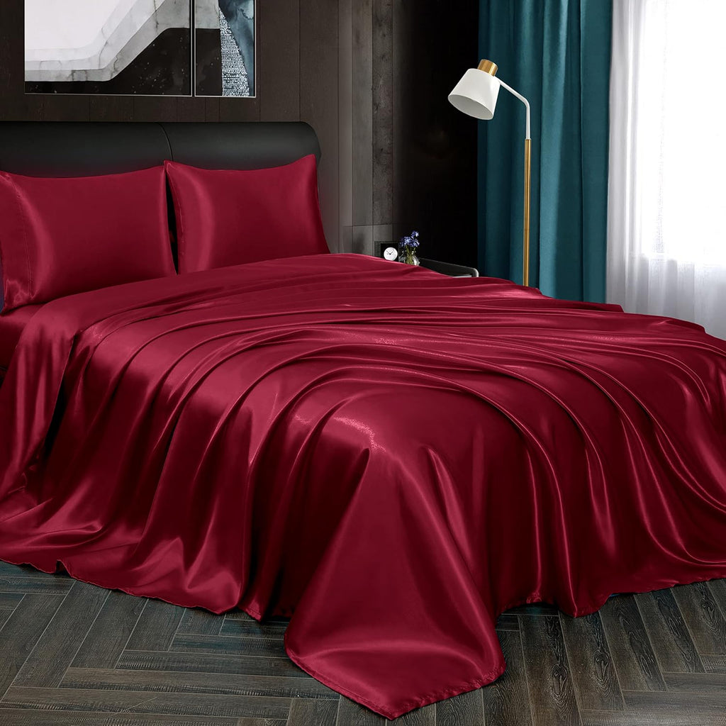 4 Pieces Sheet Set, 100% Mulberry Silk Bed Sheets Fits 10-12' Deep Pocket, 22 Momme Twin Size 6A Luxury Silk Bedding Set with Flat Sheet, Fitted Sheet & 2 Pillowcases (Solid, Burgundy)
