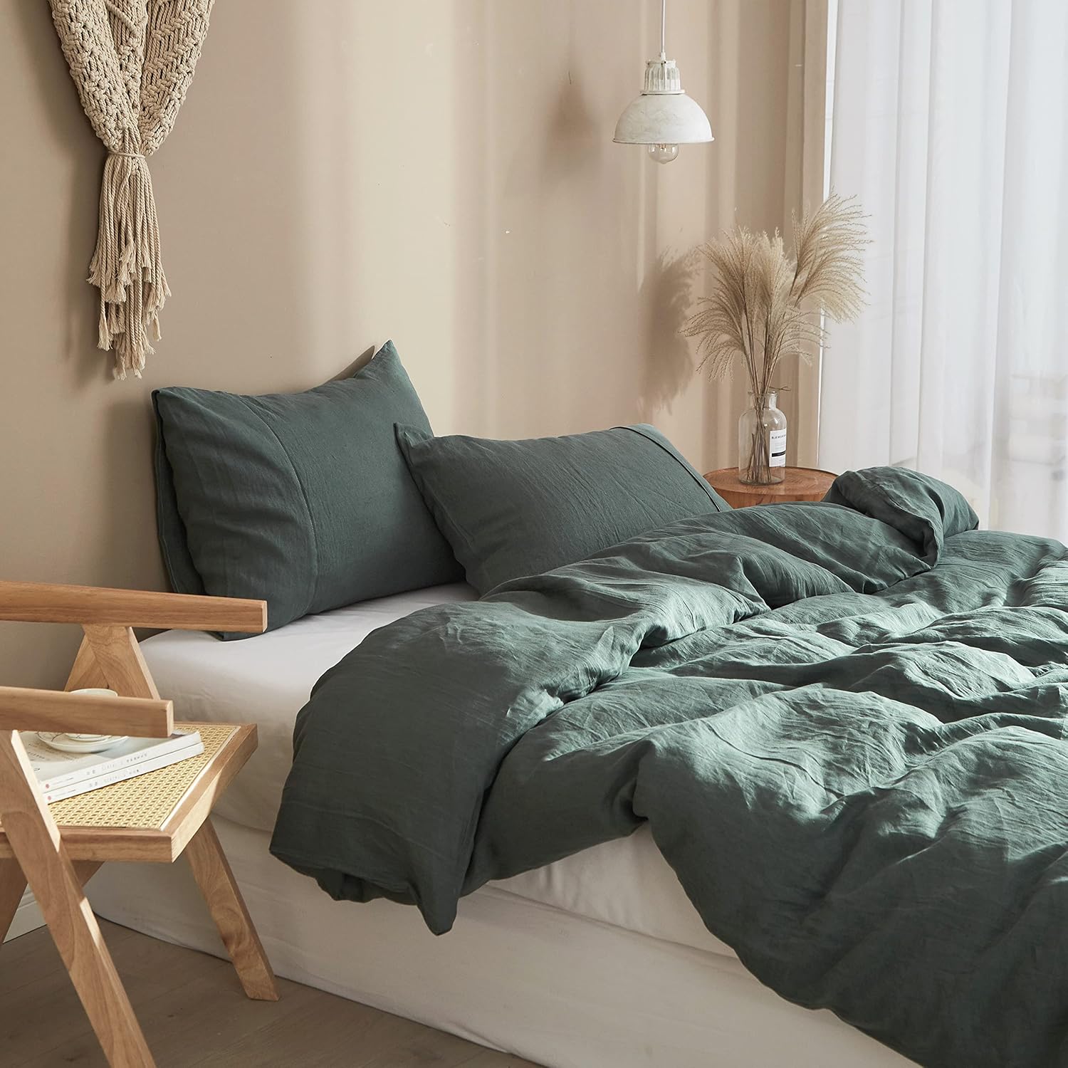 Ivellow Green Linen Duvet Cover King - 100% Pure French Flax Linen - Soft, Breathable, Natural - King Size Duvet Cover & 2 Pillow Shams