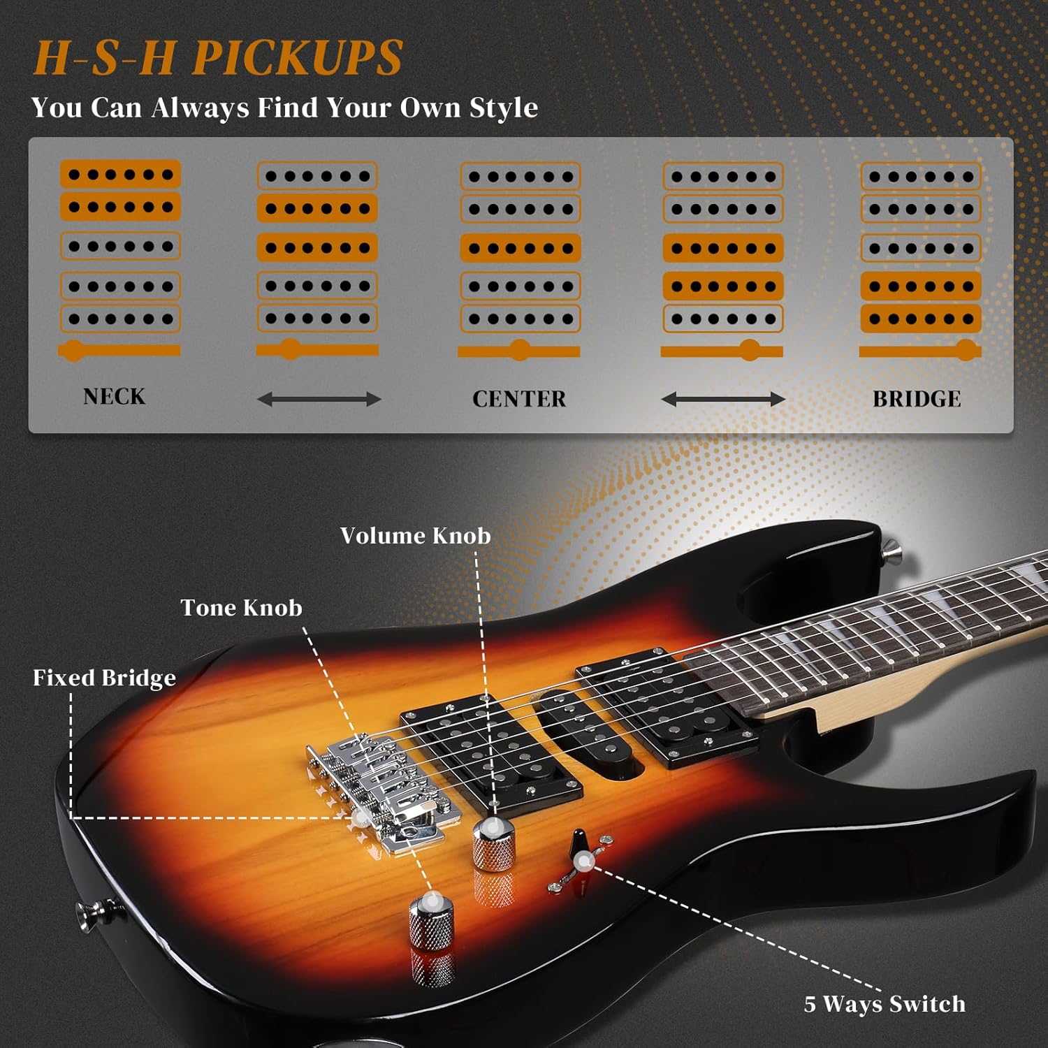 Ktaxon 39' Electric Guitar with 20Watt Amp, Full Size 170 Model Starter Guitar Kit for Beginners & Professionals W/Bag, Shoulder Strap, Wrench Tool, Plectrum - Brown Sunburst