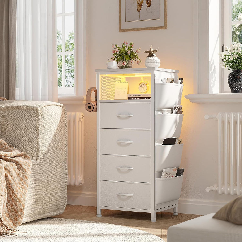 White Nightstand Set of 2,LED Night stand with Charging Station,Fabric Bedside Table for Bedroom, Hallway, Entryway, Living Room, Closet, Sturdy Steel Frame, Wood Top, Cloth Bags, Hooks, White