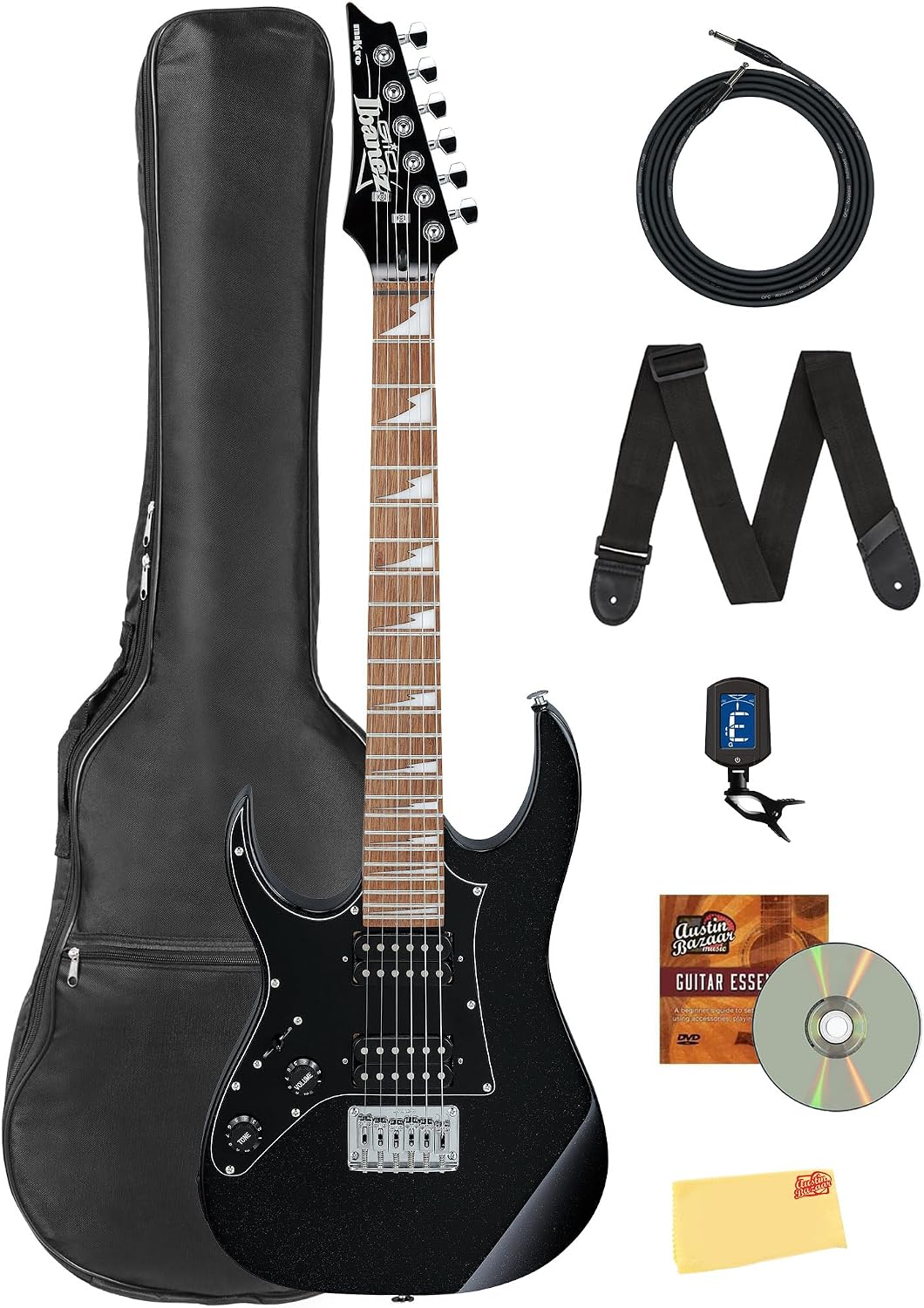 Ibanez GRGM21L RG Gio miKro Short-Scale Electric Guitar, Left Handed - Black Night Bundle with Gig Bag, Tuner, Strap, Instrument Cable, Austin Bazaar Instructional DVD, and Polishing Cloth