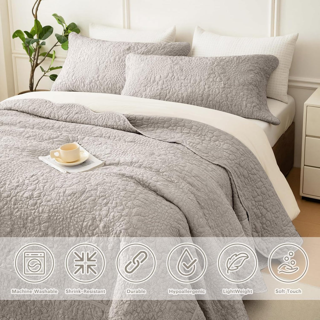 Lady Ann Oversized King 120x120 Quilt Set, 3 Pcs Stone-Washed Crinkled Linen Feel Cal King Size Bedspread Set, Crinkled Scalloped Edge Coverlet Extra Large Quilted Blanket Farmhouse Rustic Bedding Set