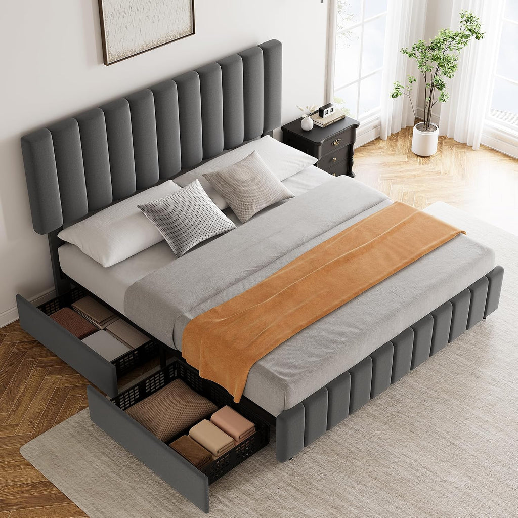 Garvee Full Size Bed Frame with 4 Storage Drawers, Adjustable Height Headboard, Linen Upholstered Platform Bed Frame, No Box Spring Needed, Easy Assembly, Grey