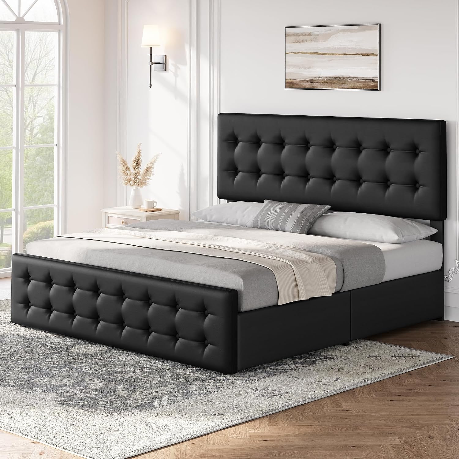 GAOMON King Size Bed Frame with 4 Drawers and Adjustable Headboard, PU Leather Upholstered Platform Bed with Button Tufted Design, No Box Spring Needed, Strong Wooden Slats, Black