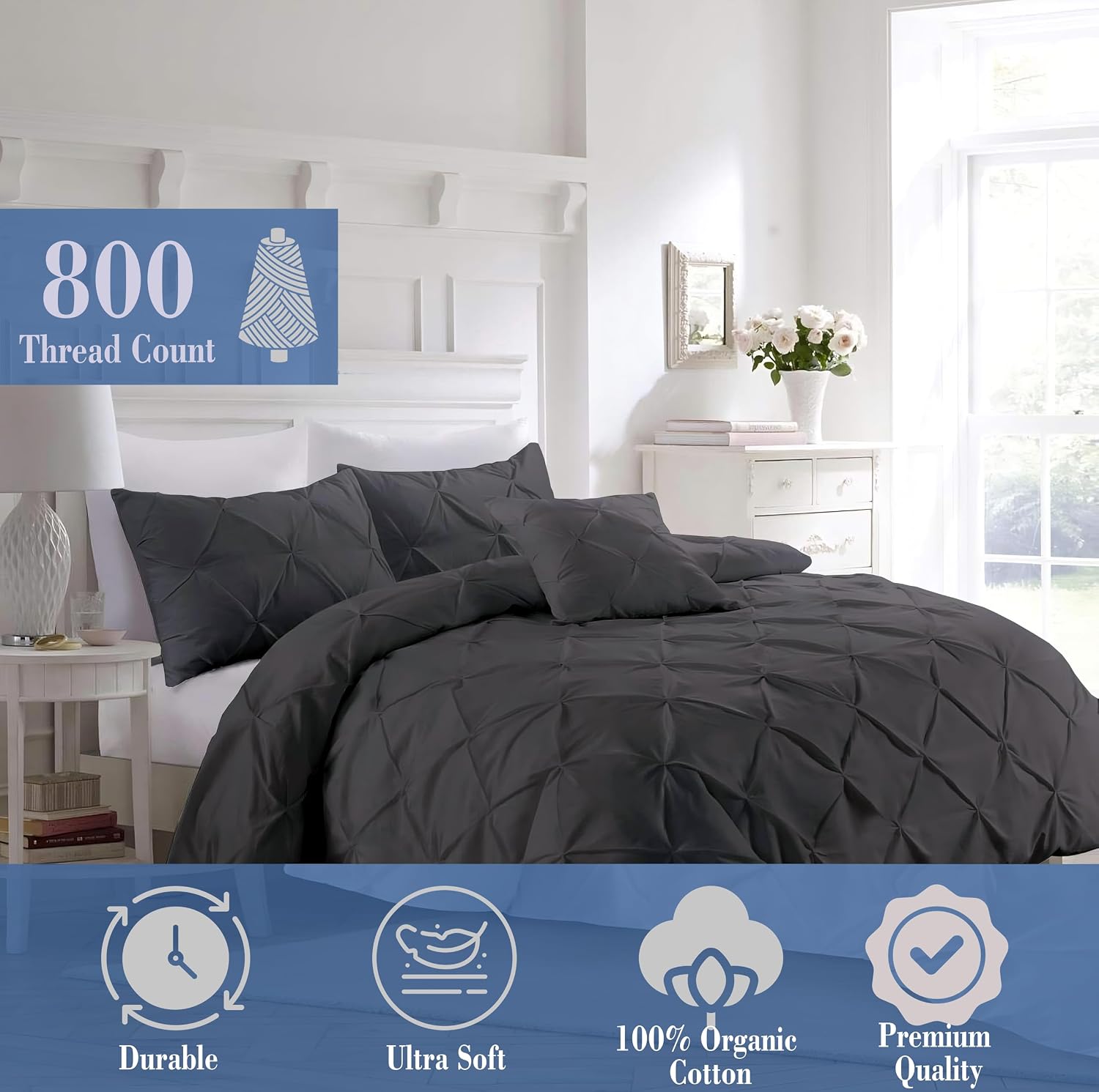 Luxury Dark Gray Pinch Pleated Pintuck Duvet Cover Set Oversized King Plus 120'x128' Size Egyptian Cotton Luxury Soft & Breathable Comforter Cover with Corner Ties & Zipper Closure