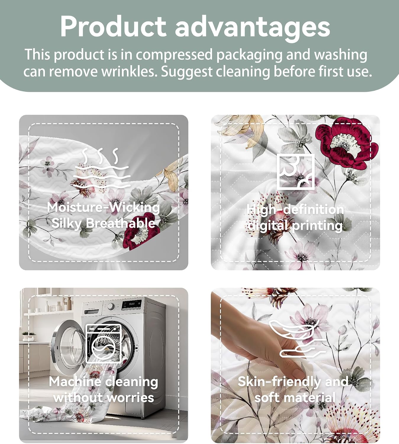 9 Pcs King Bed in A Bag with Curtains | Green/Red Floral Bedspread, 2 Pillowcases, 2 Print & 4 Solid Curtains | Microfiber, Moisture-Wicking | King Size Comforter Set with Curtains