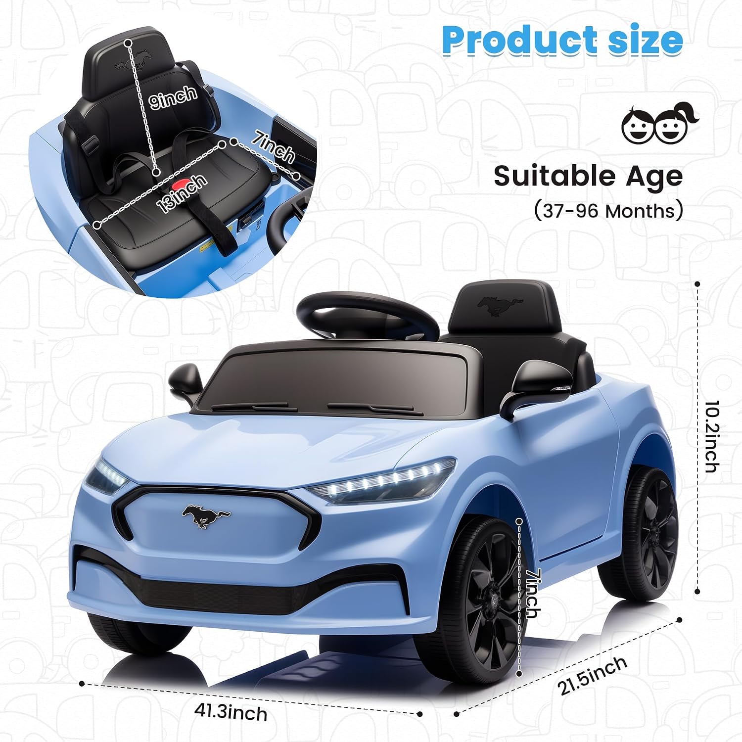 Bobike Electric Ride On Car for Kids, 12V Electric Toddler Car with Remote Control, Ride on Toys for Kids with LED Lights, Music Player, Lockable Doors (Blue)