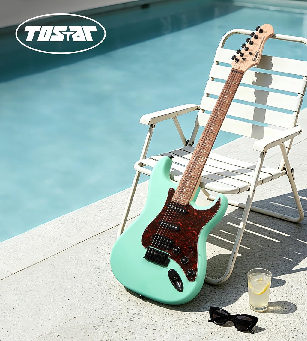 Tostar Electric Guitar Full Size Kit for Beginners 6 String Bundle with Amp SSH Pickup with Gig Bag,Capo,Tremolo, Strap, Picks Green Electric Guitars 39' for Gifts