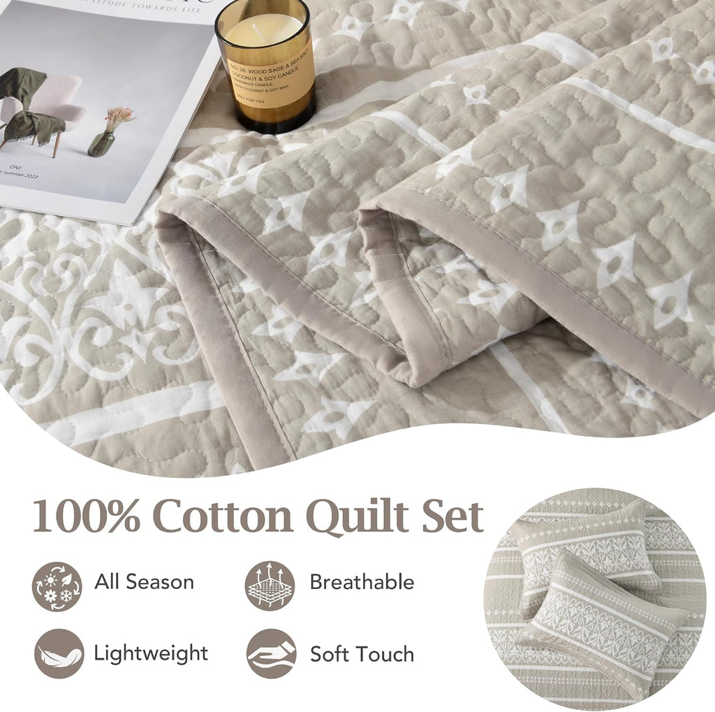 100% Cotton Quilt Set King Size - Beige and White Boho Quilt Bedding Set - Bohemian Striped Quilt Set with 2 Shams - All-Season Lightweight Coverlet & Bedspread 3 Piece