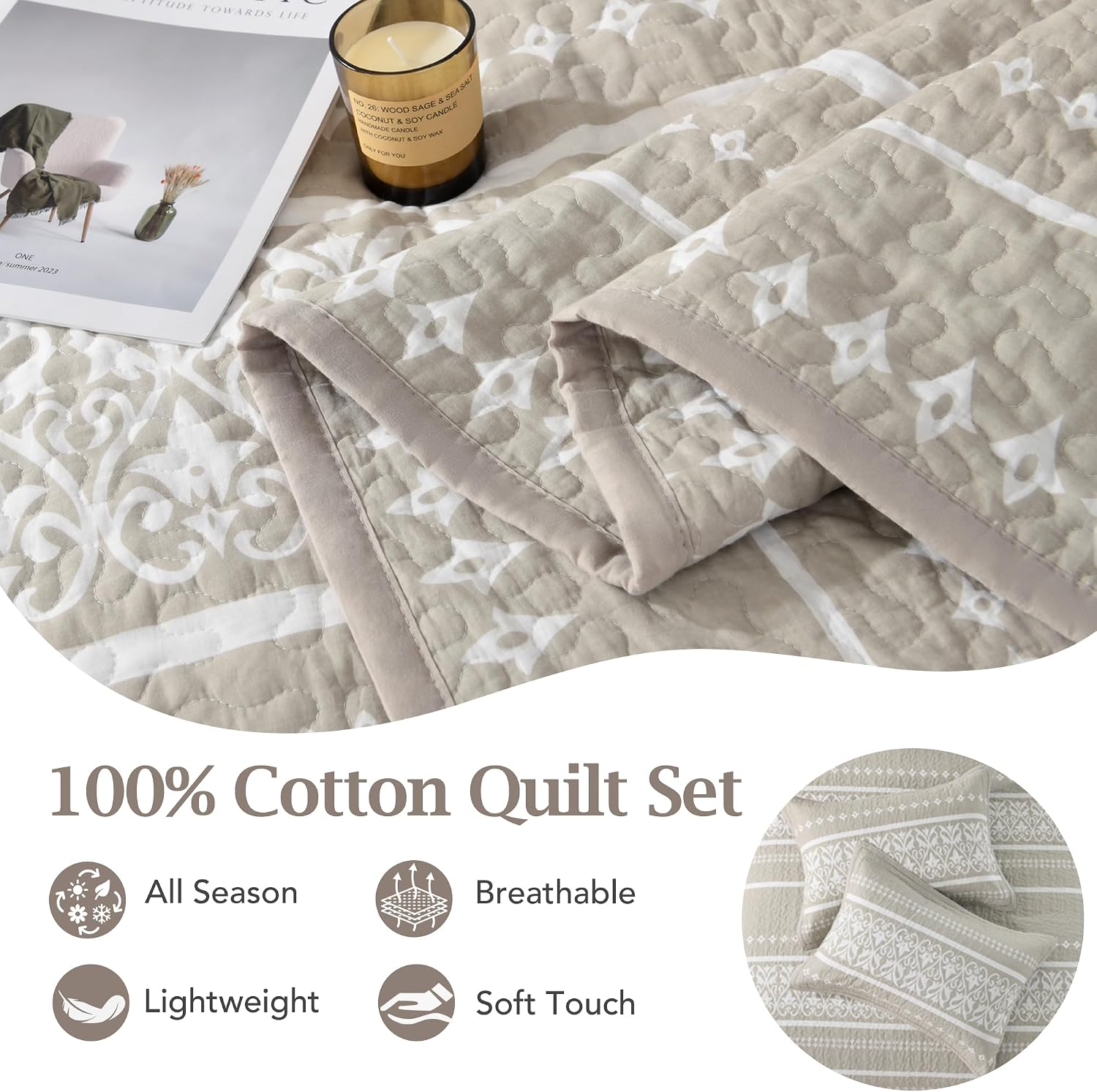 100% Cotton Quilt Set King Size - Beige and White Boho Quilt Bedding Set - Bohemian Striped Quilt Set with 2 Shams - All-Season Lightweight Coverlet & Bedspread 3 Piece