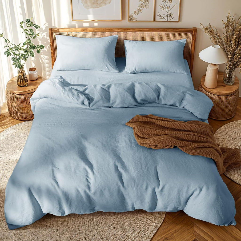 LBRO2M 100% France Linen Duvet Cover Set 3 Pcs Natural Flax Duvet Cover Set 2 Pillowcase 1 Duvet Cover with Zipper (Dusty Blue California King)