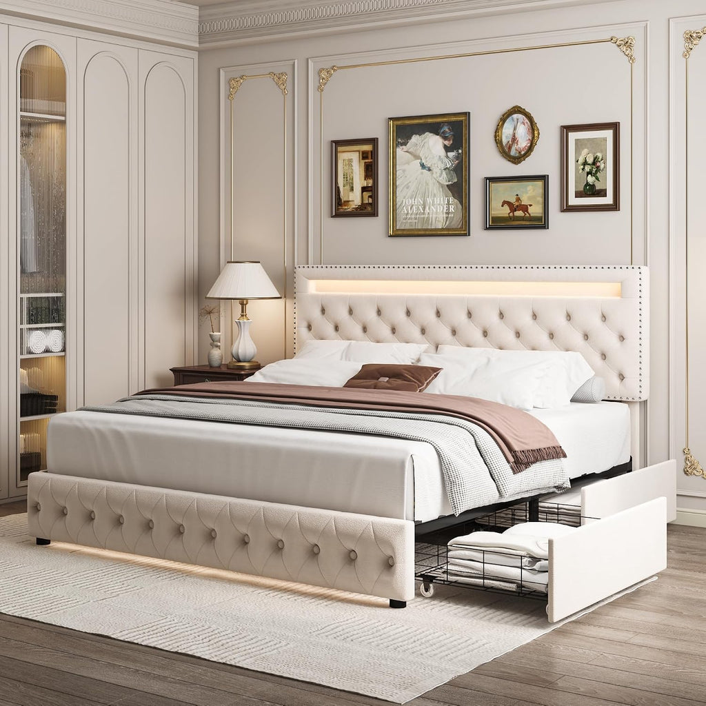 Full LED Bed Frame with 4 Drawers, Platform Bed with Headboard, Adjustable Upholstered Diamond Headboard and Frame, No Box Spring Needed, Wooden Slats Support,Velvet Cream