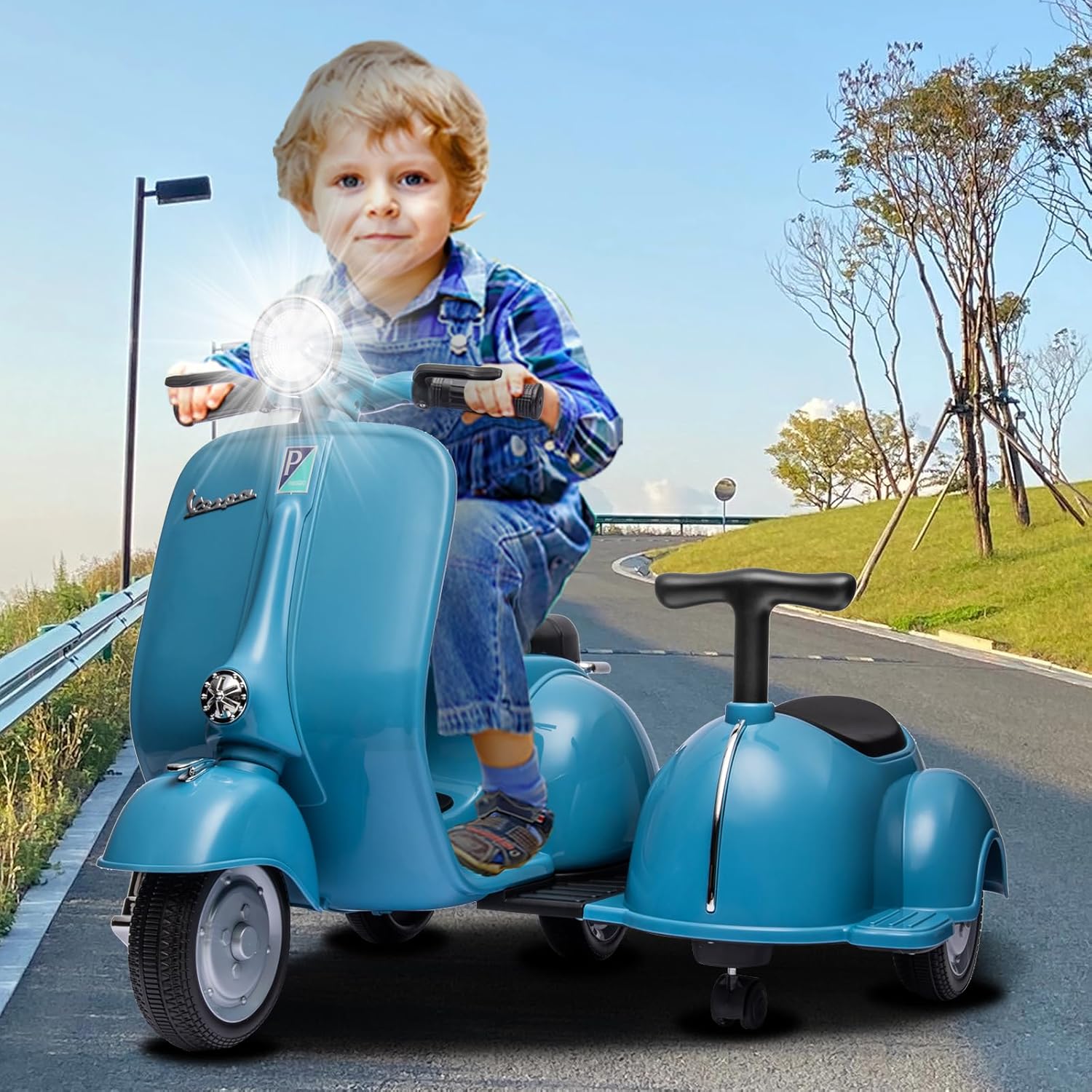 Kids Three Wheeled Motorcycle with Side Car & Speaker, Rechargeable Ride On Toy (Blue)