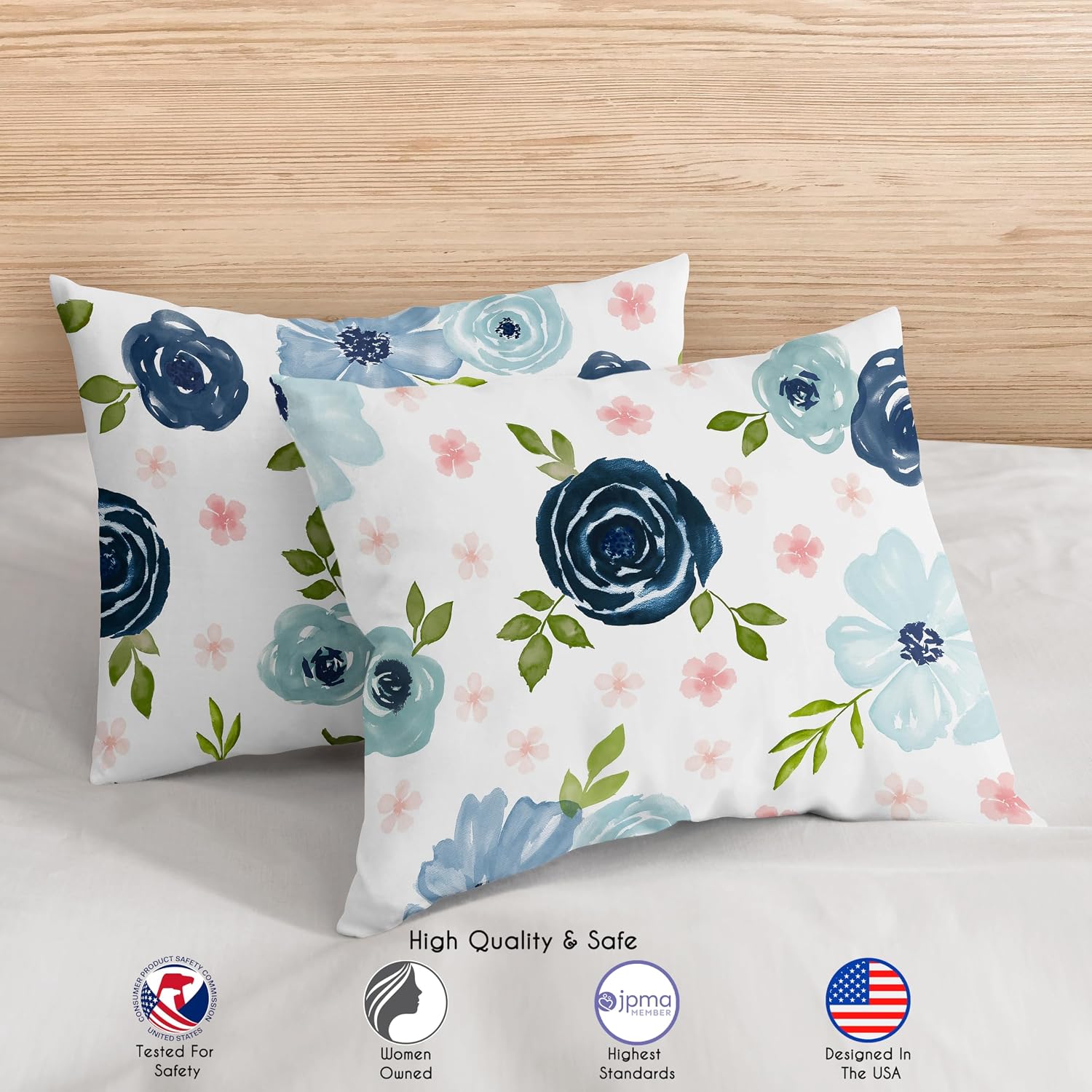 Sweet Jojo Designs Navy Blue and Pink Watercolor Floral Girl Full/Queen Size Kid Childrens Bedding Comforter Set - 3 Pieces - Blush, Green and White Shabby Chic Rose Flower