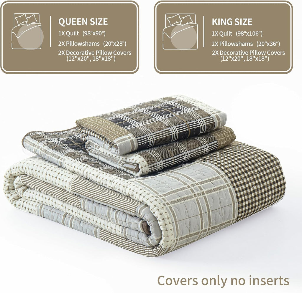 KALOOLA 100% Cotton 5-Pieces Quilt Set Queen Size, All Season Lightweight Quilted Bedspread with 2 Shams 2 Decorative Pillow Covers, Farmhouse Bedding Coverlet for Queen Bed, Beige/Cream/Brown