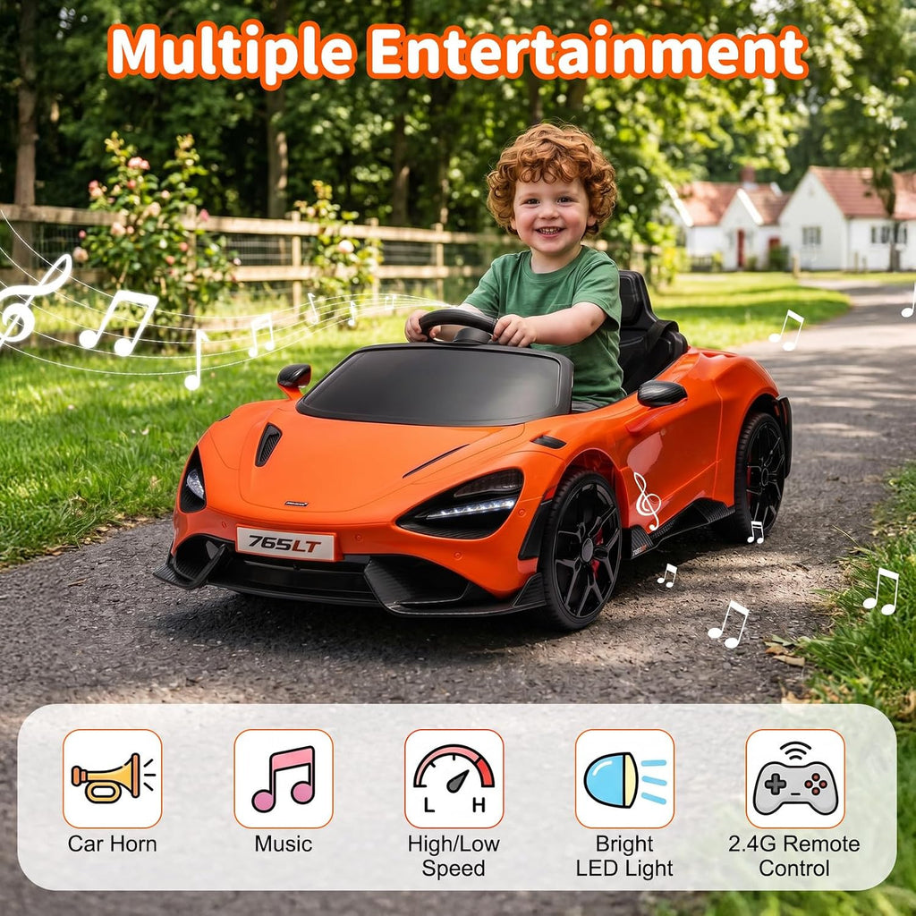 Kids Ride-on Car Licensed McLaren765LT for 3-6Years Old, Electric car 12V Battery Powered Electric Vehicle, w/Parent Remote, Music Player, LED Lights, Smooth Start, 3 Speeds, (Orange)
