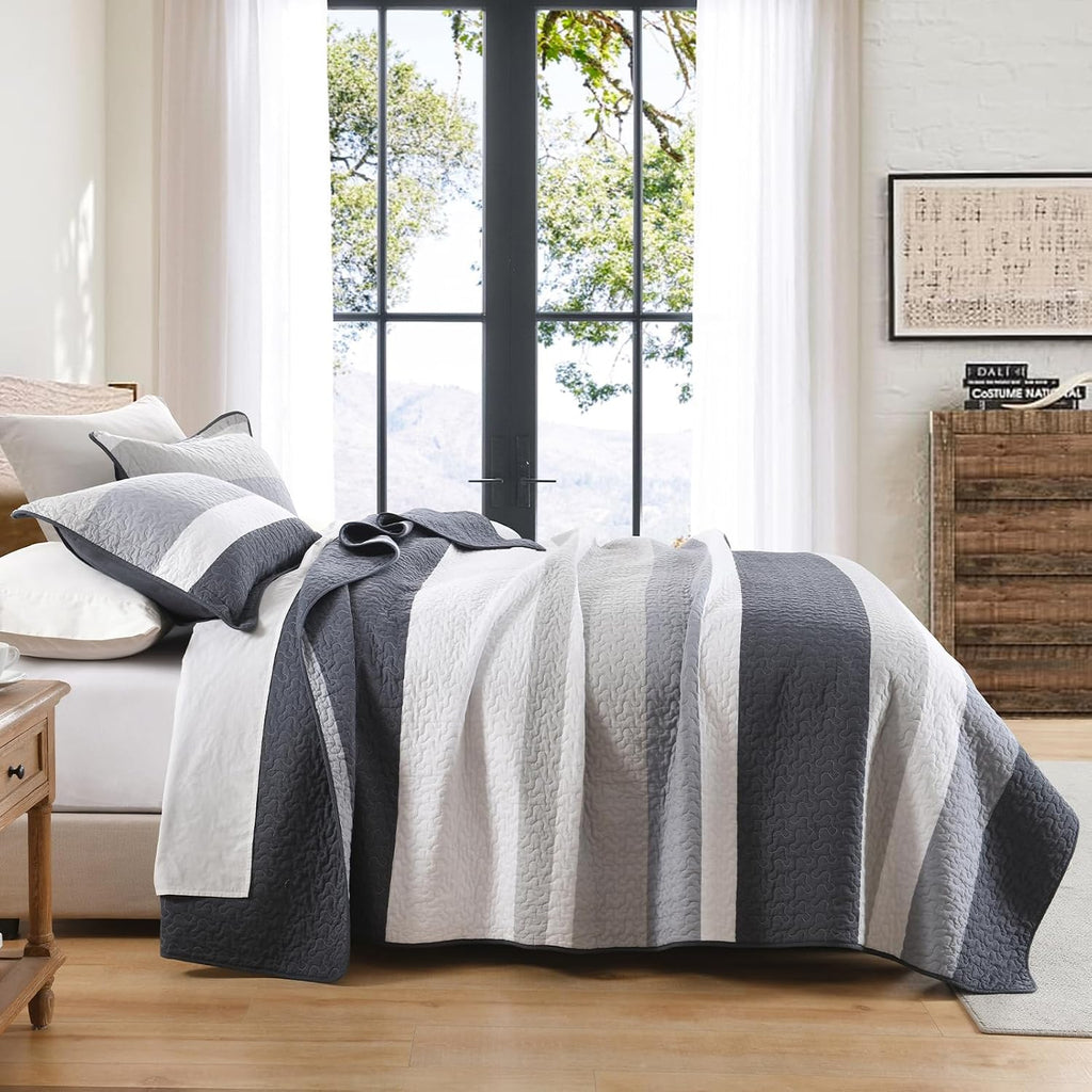 100% Cotton Quilt Set Queen Size, Queen Quilt Bedding Set, Striped Pattern Quilt Bedspread for Queen Bed, Modern Minimalist Bed Spread Lightweight Comforter, 3Pcs, Charcoal-Blue/Gray/White