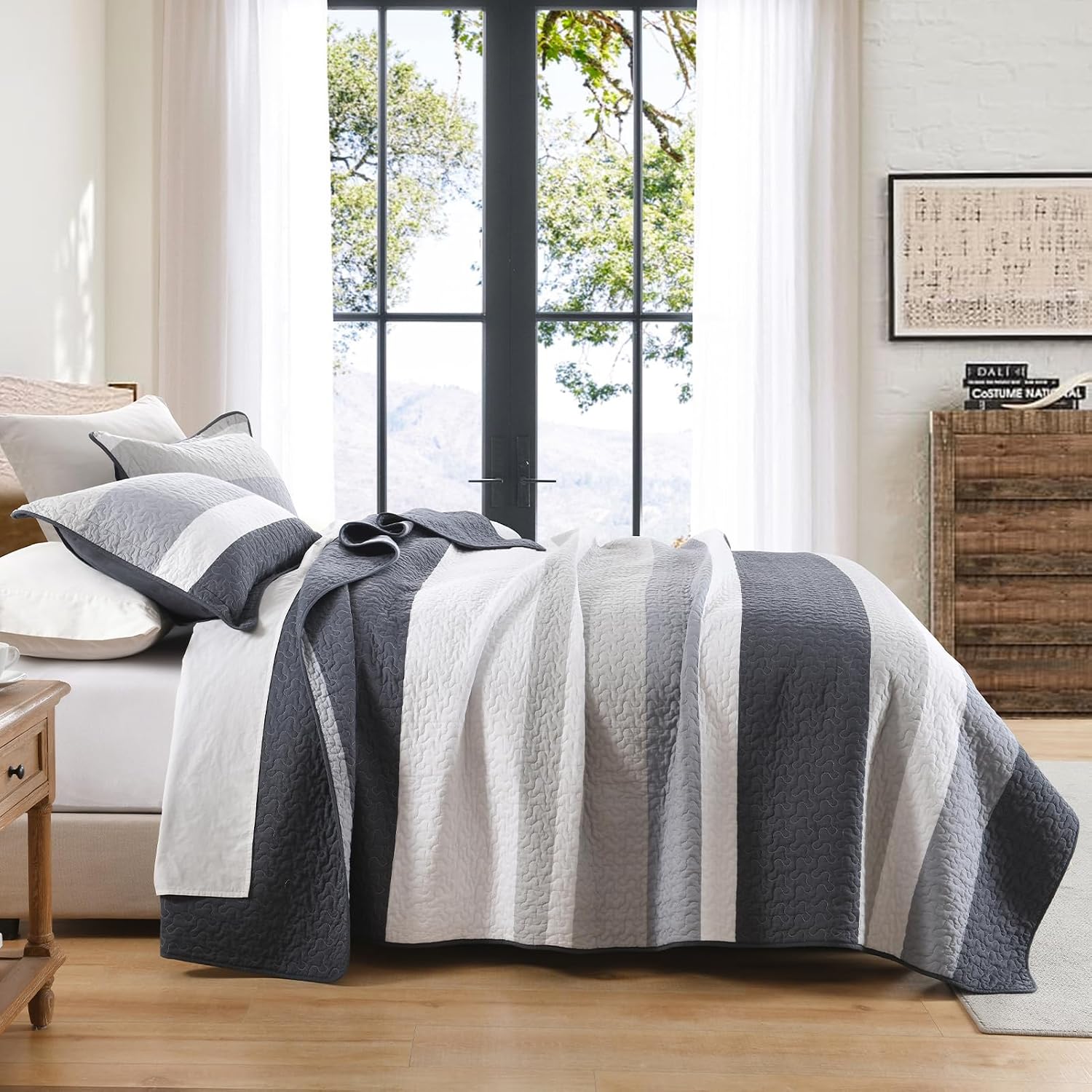100% Cotton Quilt Set Queen Size, Queen Quilt Bedding Set, Striped Pattern Quilt Bedspread for Queen Bed, Modern Minimalist Bed Spread Lightweight Comforter, 3Pcs, Charcoal-Blue/Gray/White