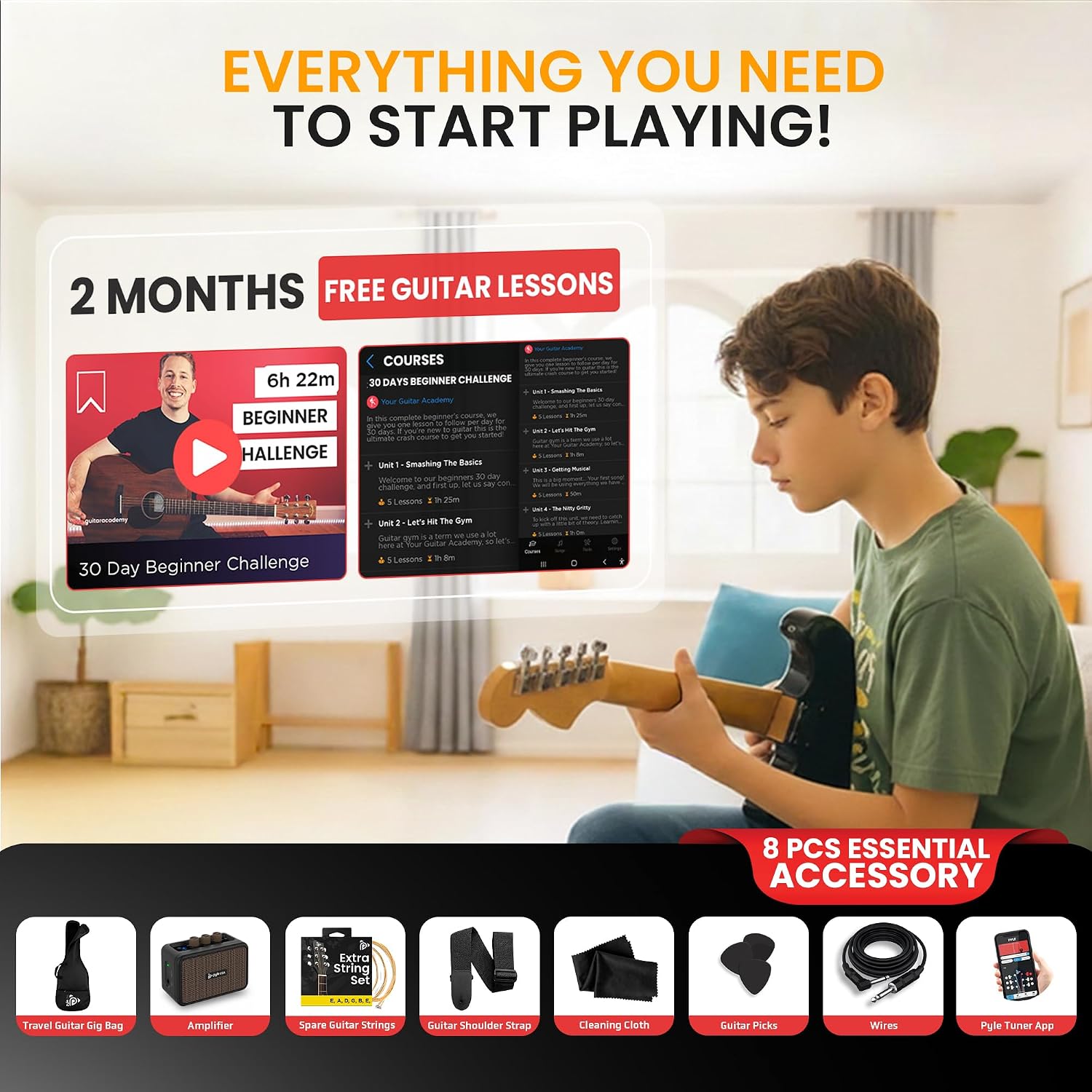 Pyle Electric Guitar and Amp Kit - Full Size 39' Complete Starter Kit with Wearable Bluetooth Amplifier, 1/4' Cable, Carry Case, Strap, Strings, Picks, Cleaning Cloth, ST-Style Pickups (Black)
