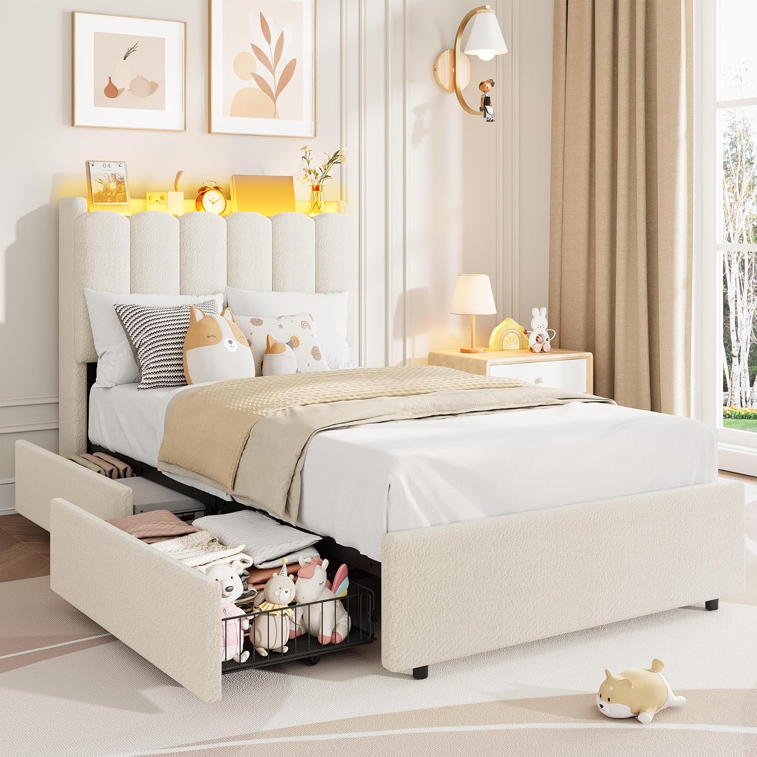 Garvee LED Twin Size Bed Frame with Storage Headboard, Kids Bed Frame with 2 Drawers, Boucle Upholstered Platform Bed for Girls, Chic Wavy Headboard with Bookcase, No Box Spring Needed, White