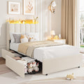 Garvee LED Twin XL Bed Frame with Storage Headboard, Kids Bed Frame with 2 Drawers, Boucle Upholstered Platform Bed for Girls, Chic Wavy Headboard with Bookcase, No Box Spring Needed, White