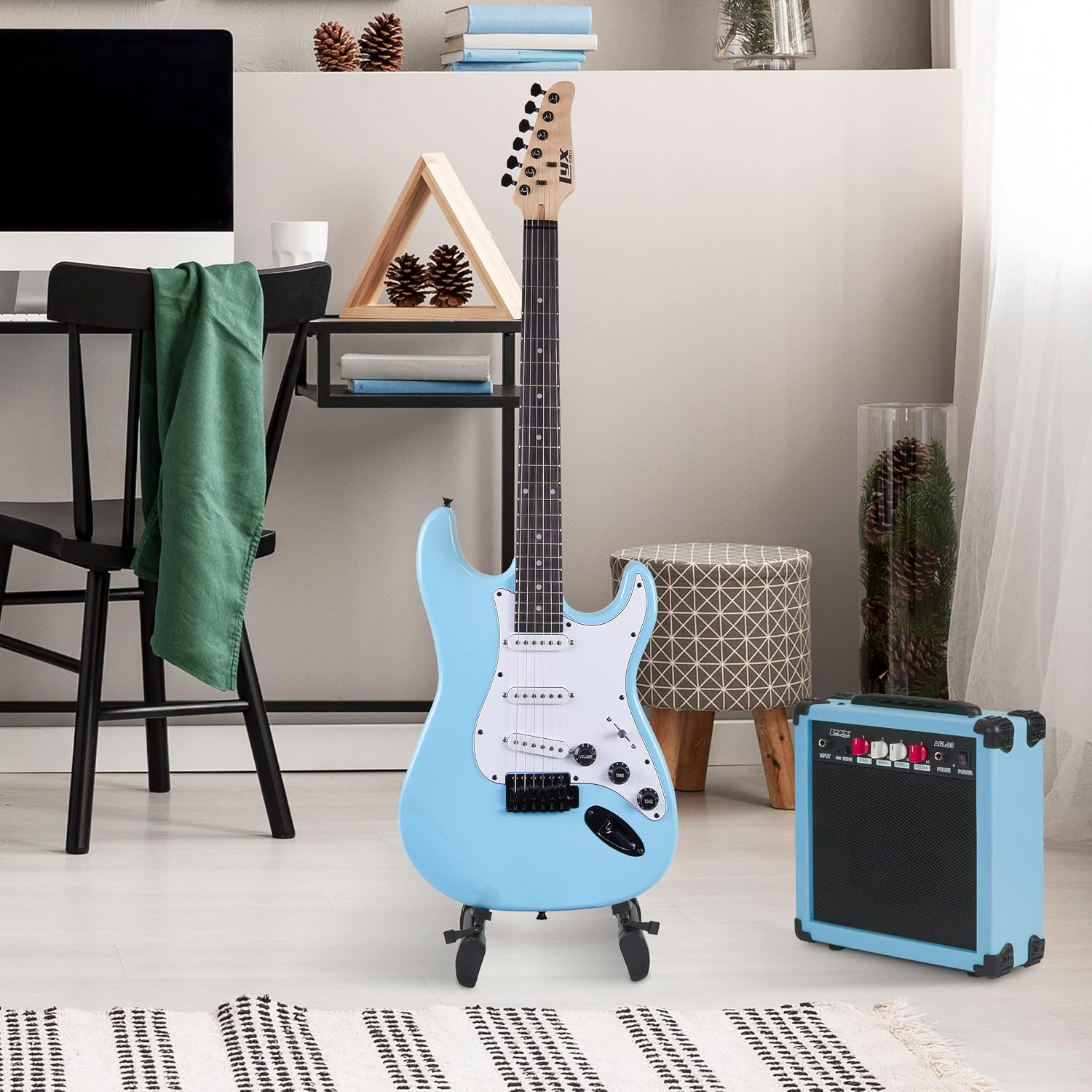 LyxPro 39 inch Electric Guitar Kit Bundle with 20w Amplifier, All Accessories, Digital Clip On Tuner, Six Strings, Two Picks, Tremolo Bar, Shoulder Strap, Case Bag Starter kit Full Size - Retro Blue
