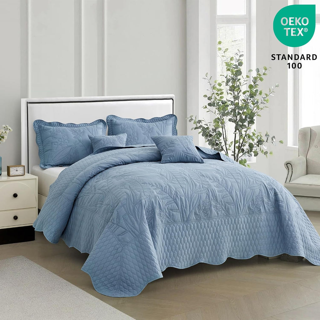 DaisyHuang Botanical Oversized Bedspread King Size - Leaves Pattern Stitching Quilt Set - Elegant & Fresh Style Bedding Coverlets, Reversible, Lightweight, 5 Piece, Ashley Blue