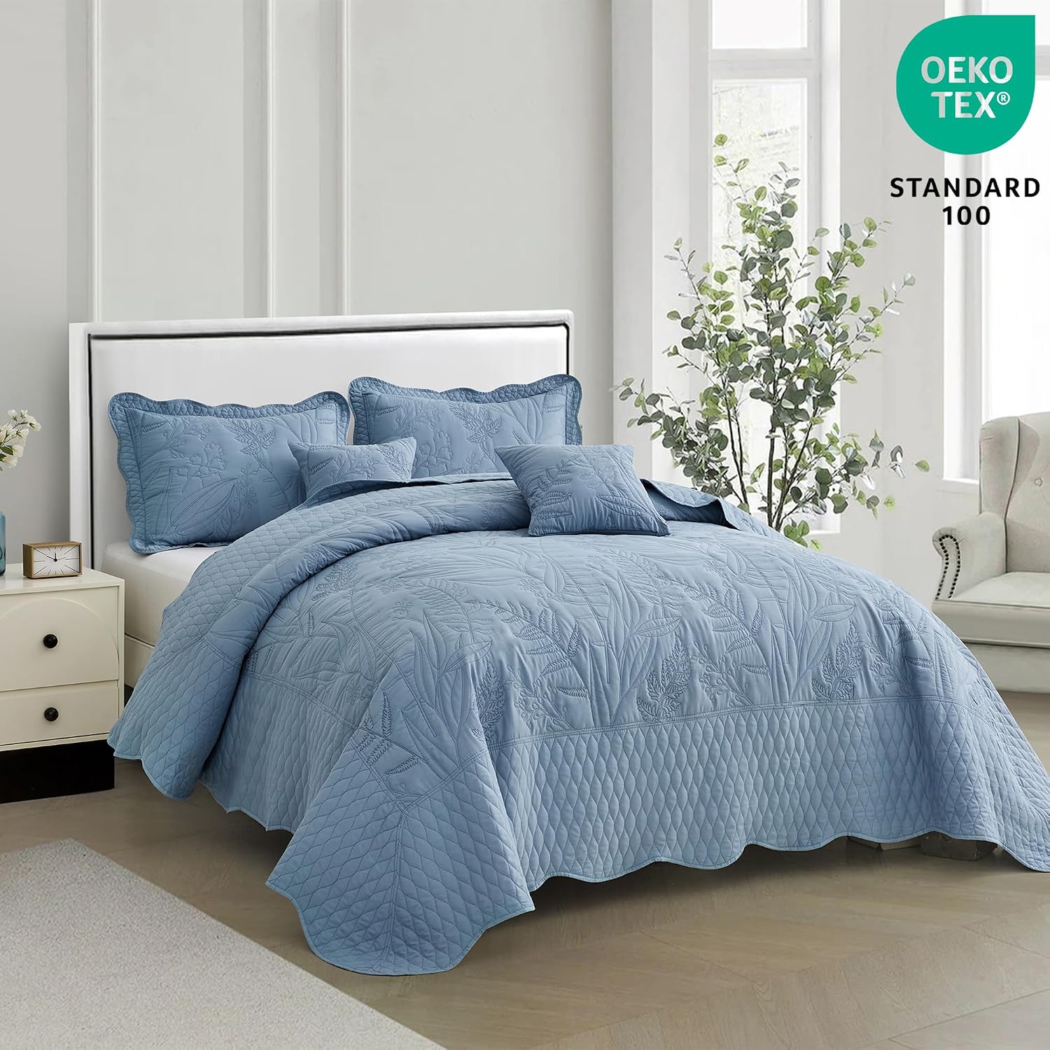 DaisyHuang Botanical Oversized Bedspread King Size - Leaves Pattern Stitching Quilt Set - Elegant & Fresh Style Bedding Coverlets, Reversible, Lightweight, 5 Piece, Ashley Blue