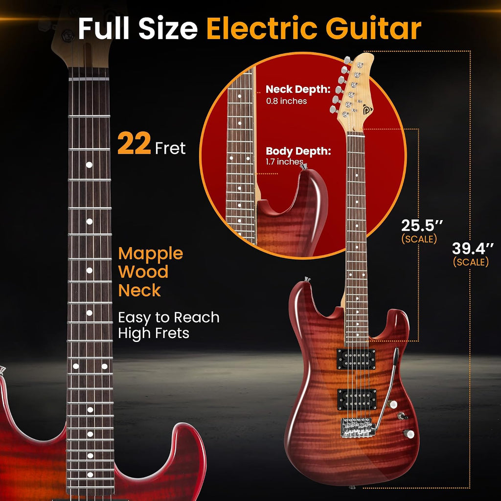Pyle Electric Guitar Kit with Amp, Full Size Instrument with Humbucker Pickups, Guitarra Electrica Amplifier and Beginner Bundle Accessories, 39' Red