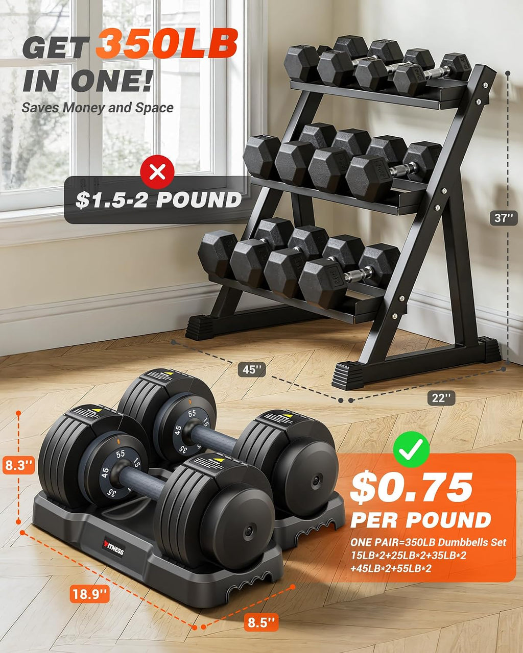 Rendpas Adjustable Dumbbells Set of 2, 5-in-1/10-in-1/16-in-1 Quick-Lock Hand Weights 25/55/80 lbs Pair, Anti-Slip Handle Free Weights Set for Home Gym Strength Training for Men Women