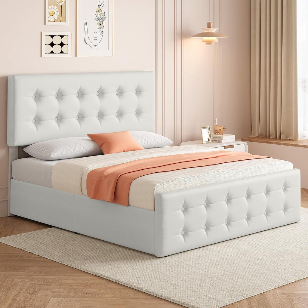 GAOMON Full Size Bed Frame with 4 Drawers and Adjustable Headboard, PU Leather Upholstered Platform Bed with Button Tufted Design, No Box Spring Needed, Strong Wooden Slats, Beige