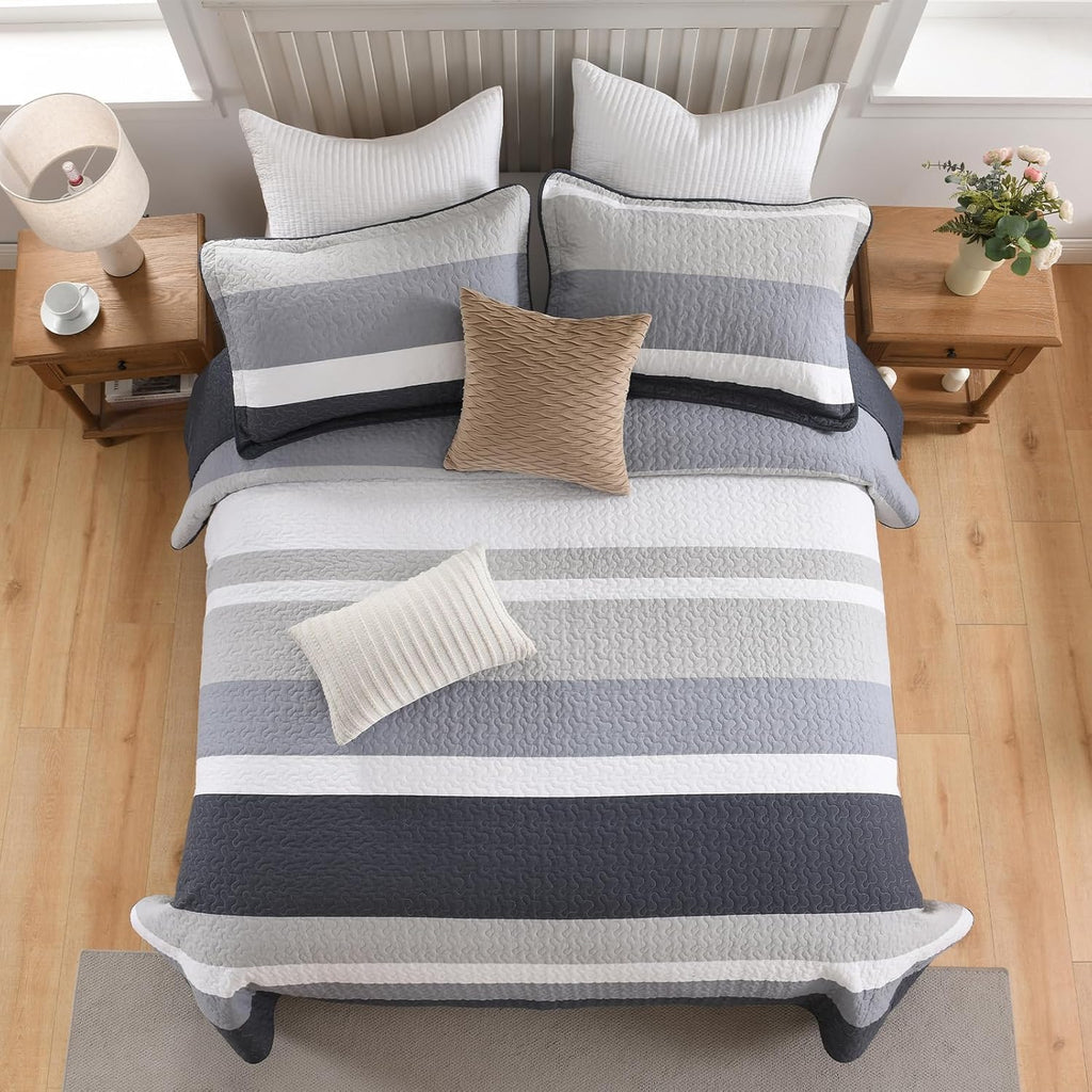 100% Cotton Quilt Set Queen Size, Queen Quilt Bedding Set, Striped Pattern Quilt Bedspread for Queen Bed, Modern Minimalist Bed Spread Lightweight Comforter, 3Pcs, Charcoal-Blue/Gray/White
