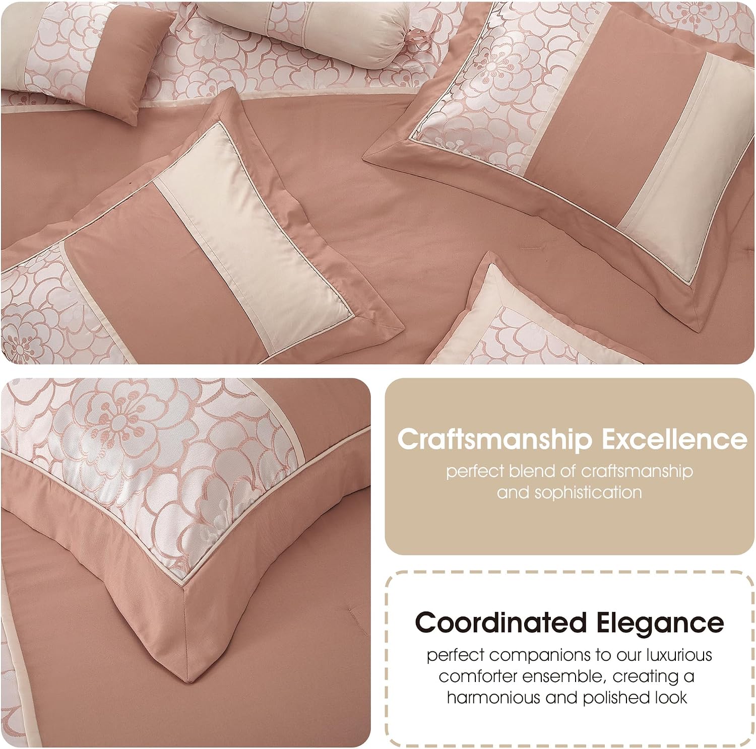 Grand Avenue Blush Comforter Set King Size, 7 Piece Jacquard Soft Bedding Set, All Season, Bedskirt, Pillows & Shams