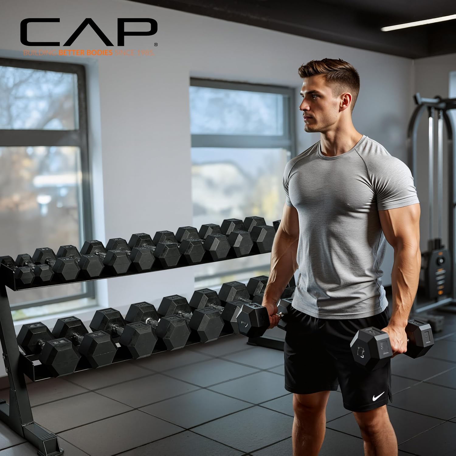CAP 280 LB, 550 LB, 1200 LB Dumbbell Set with Horizontal 2-3 Tier Rack, Rubber Hex Free Weights, Home Gym Weight Set for Strength Training