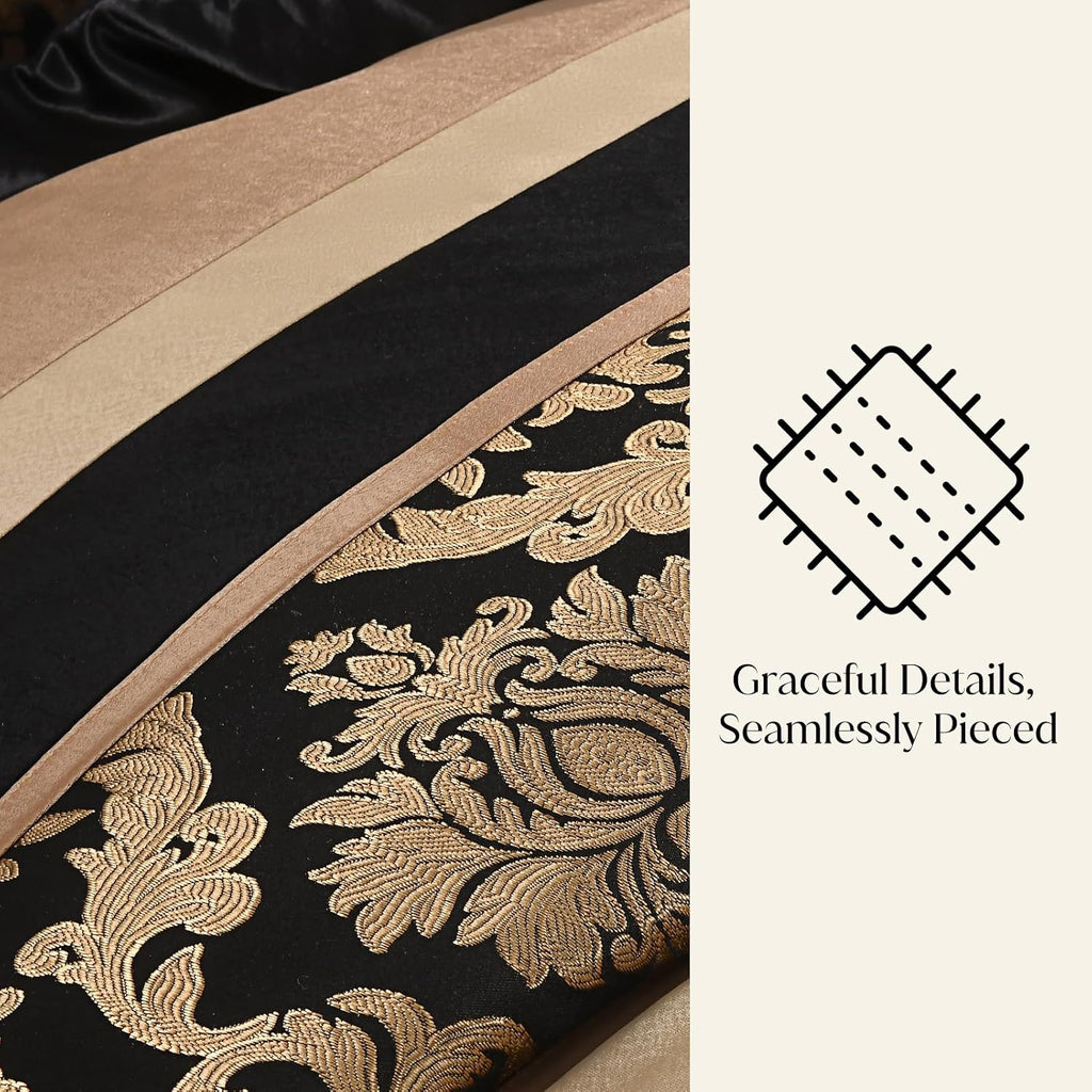 CozyDH Black Gold Floral Comforter Set California King - 7 Piece Luxury Jacquard Bed in a Bag Vintage Patchwork, All Season Down Alternative Bedding with Bed Skirt, Shams, Decorative Pillow, 104x96 in