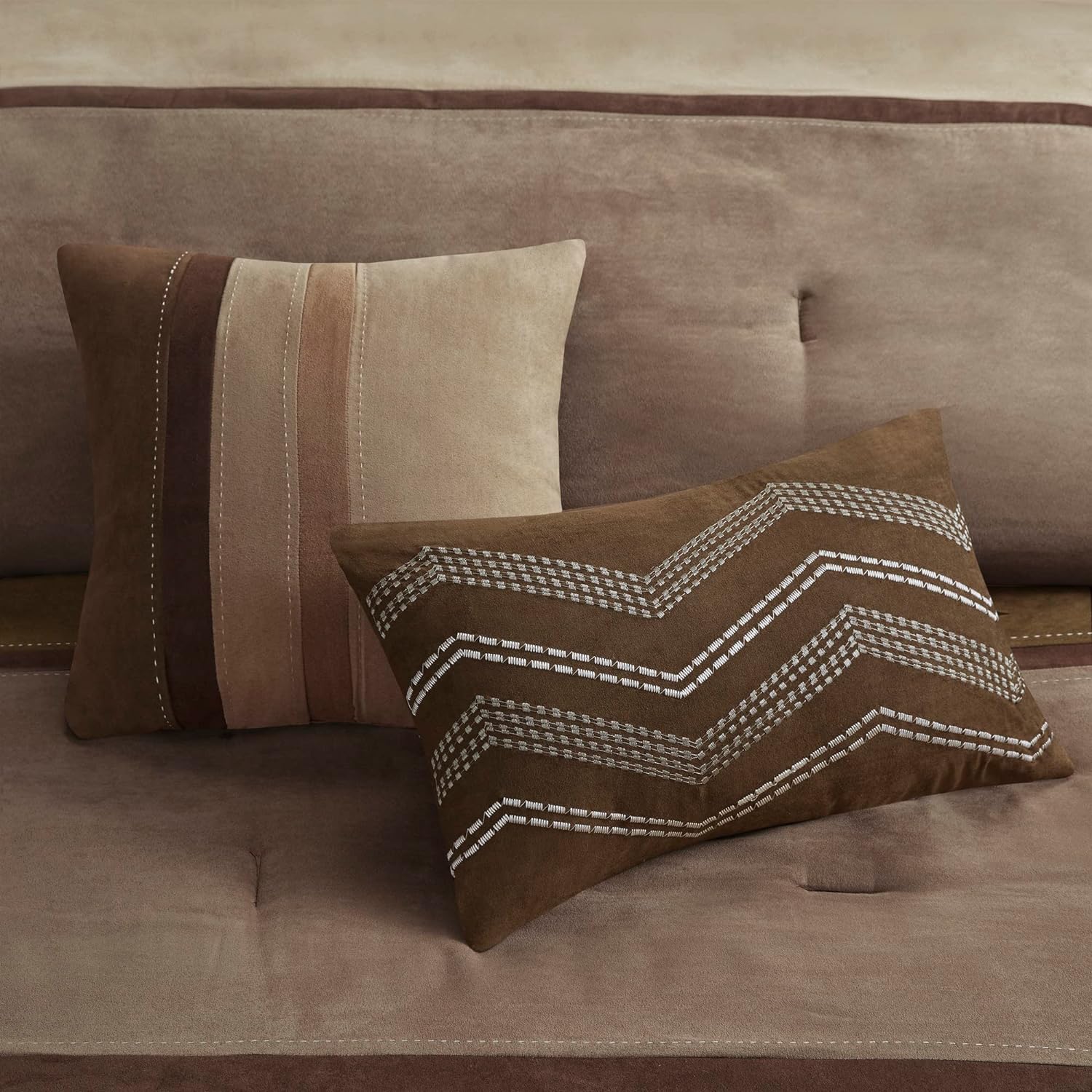 Madison Park Palisades Comforter Set Modern Faux Suede Pieced Stripe Design, All Season Down Alternative Cozy Bedding with Matching Shams, Decorative Pillows, Cal King(104'x92'), Brown 7 Piece