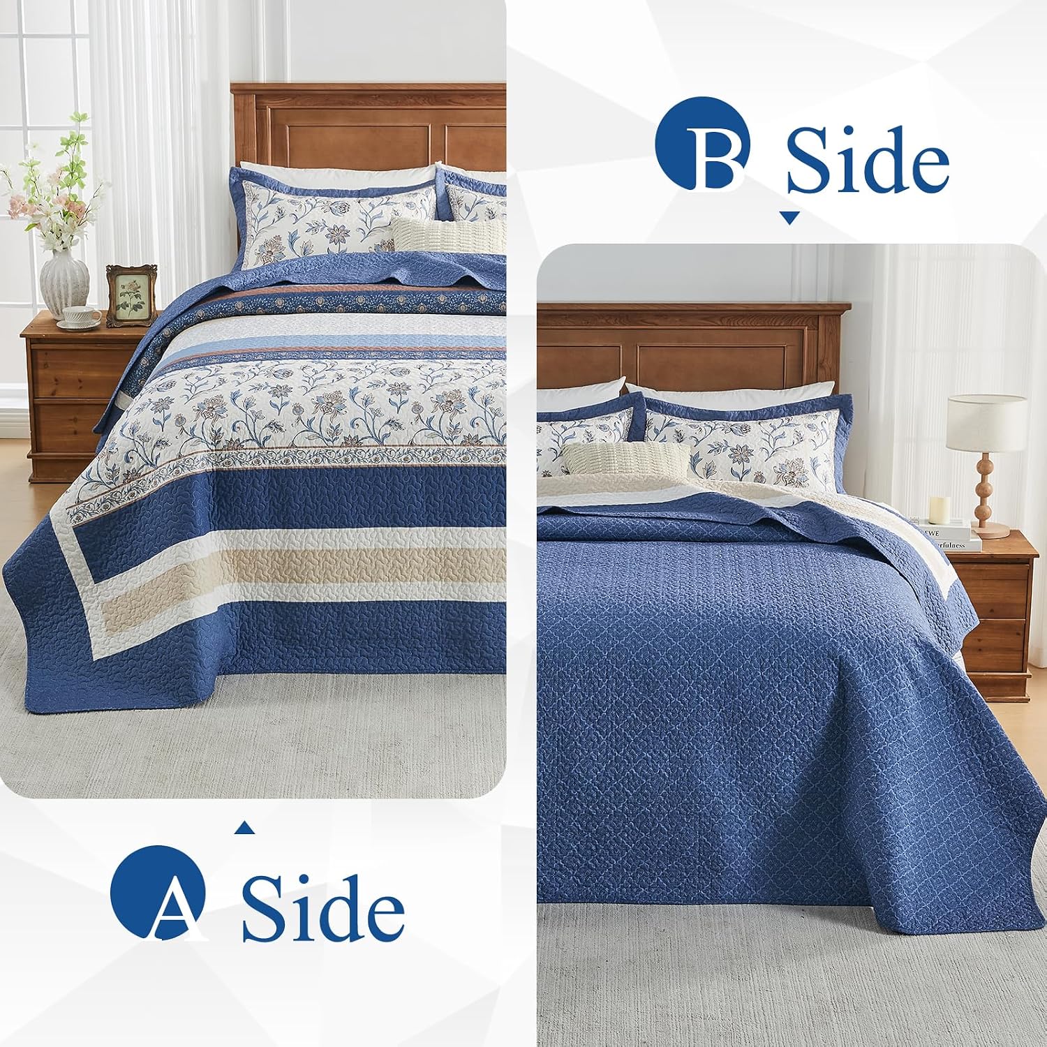 100% Cotton Oversized King Bedspread 128'x120' - Lightweight Vintage California Quilt with 2 Shams, Reversible Floral Striped Extra Wide Quilted Bedding Coverlet Set, Dark Blue/Brown/Cream