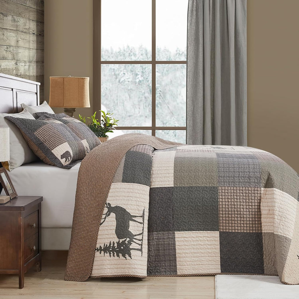 Oversized King Bedspreads 120x120, 100% Cotton Super King Quilt, Forest Tree Bear Deer Pattern, Lightweight Plaid Quilted Coverlet Bedding Set, 3 Pcs, All Season, Brown/Beige/Green