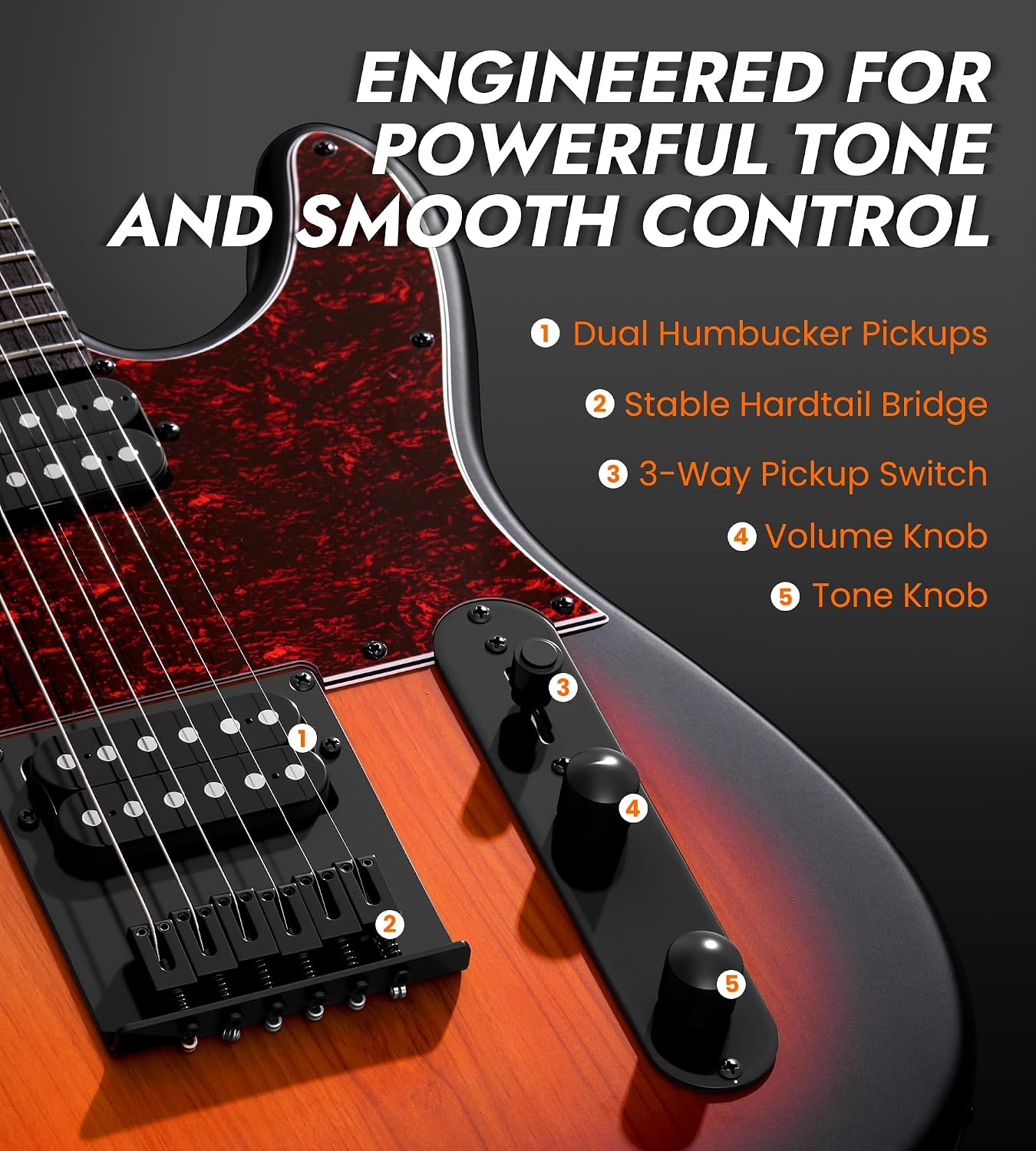 Tostar Electric Guitar: HH Humbuckers, Fixed Hardtail Bridge & Smoked Matte Finish, 3-Way Switch, 39' Solid Body Electric Guitar for Intermediate Players, Guitarra Eléctrica, Birthday Gifts, Sunburst