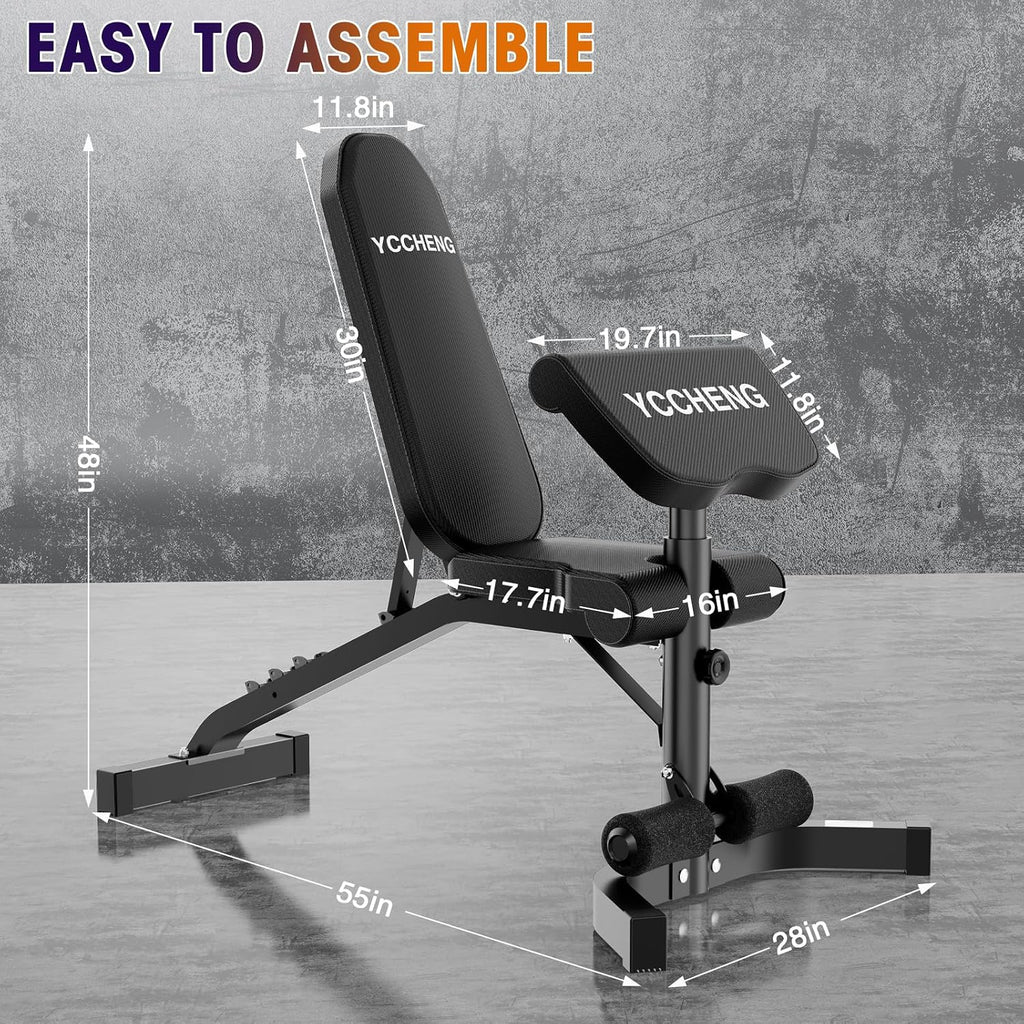 Muti-functional Adjustable Weight Bench/Workout Bench with Barbell Rack Set for Home Gym, Upright Incline Flat Exercise Benches with Preacher Pad