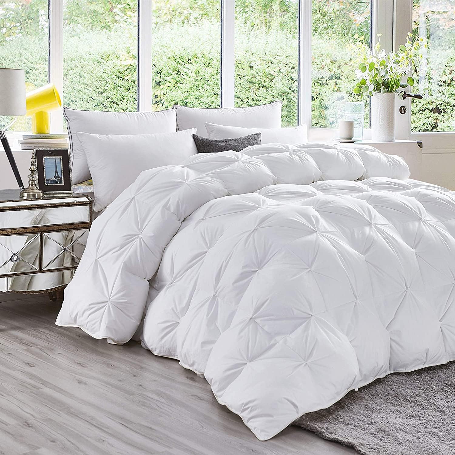 Luxurious Goose Down Feather Fiber Comforter Duvet Insert, Exquisite Pinch Pleat White Design, Oversize Palatial King White 128 x 98, Premium Baffle Box 100% Egyptian Cotton, 80 oz Fill Weight