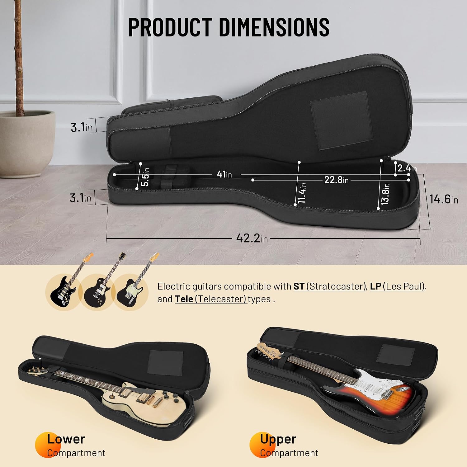 CAHAYA Dual Electric Guitar Gig Bag - Padded for 2 Guitars, Fits ST, TELE & LP - Black Backpack with Adjustable Straps CY00378-1